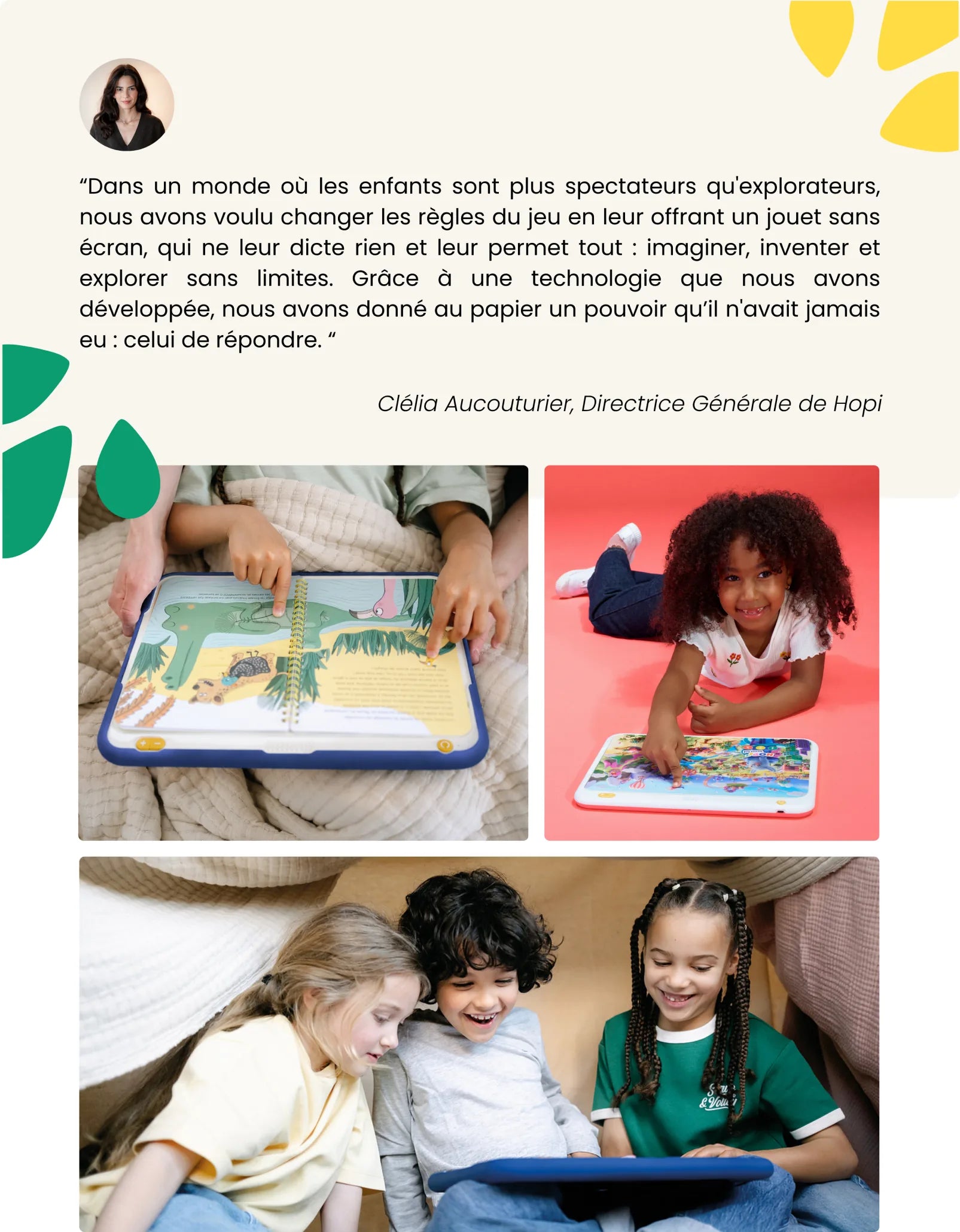 Clélia Aucouturier, directrice générale de Hopi, et des enfants qui jouent avec HopiPlay.