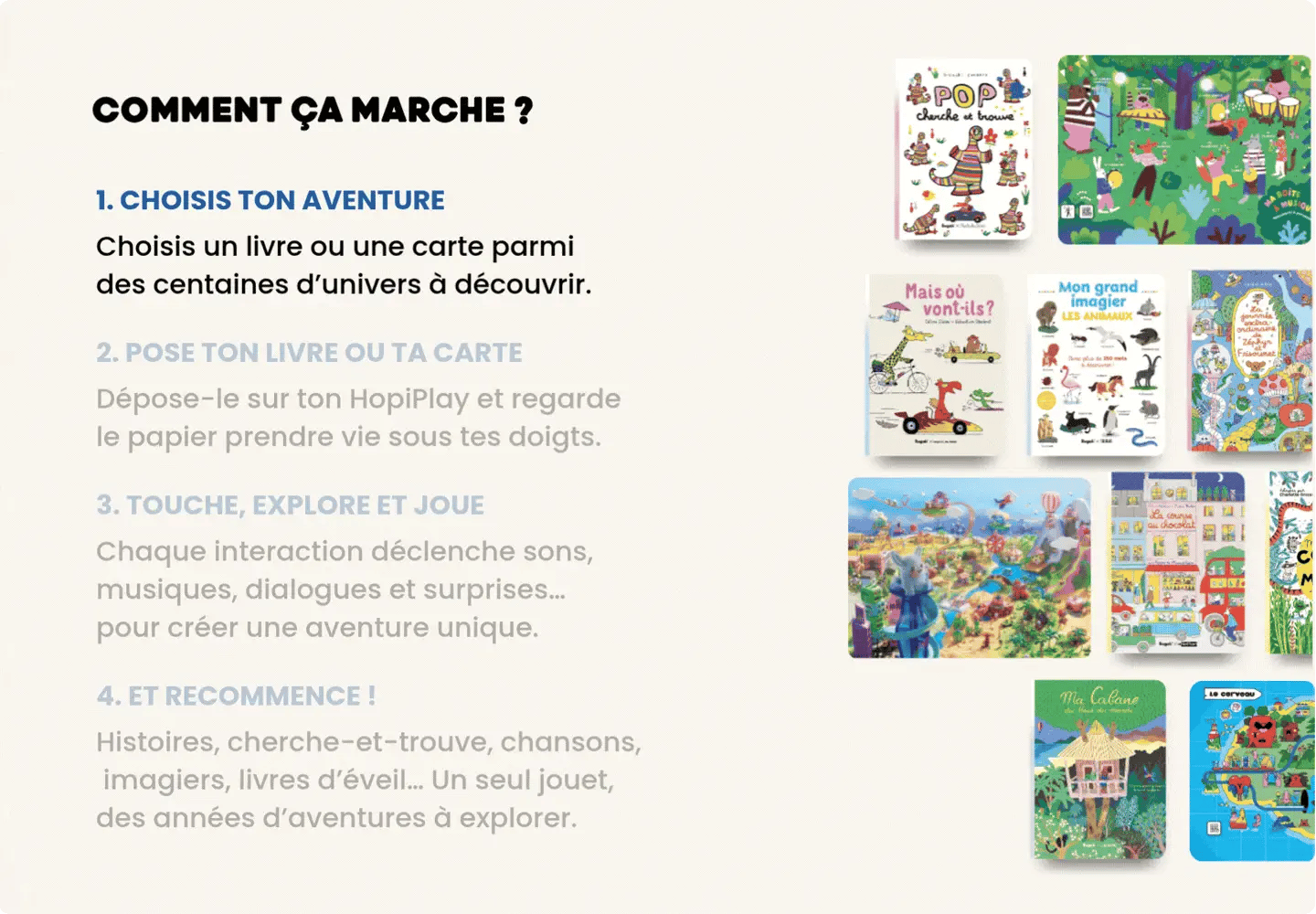Comment ça marche : choisis ton aventure, pose ton livre ou ta carte, touche, explore et joue.